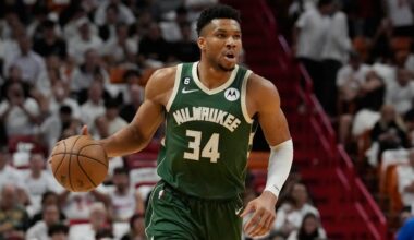 Milwaukee Bucks forward Giannis Antetokounmpo (34) dribbles during the first half of Game 4 in a first-round NBA basketball playoff series against the Miami Heat, Monday, April 24, 2023, in Miami.