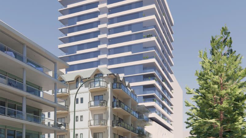 An external rendering of the 18-storey tower planned for Glenelg's Colley Terrace.