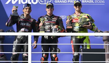 Marco Bezzecchi, Jorge Martin, Fabio Di Giannantonio, 2026 MotoGP Brazilian Grand Prix podium. Credit: Gold and Goose.