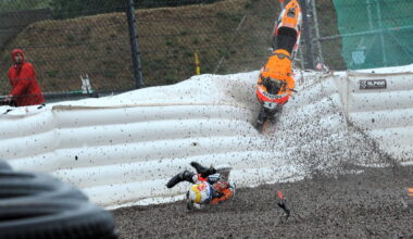 Dani Pedrosa crashes from the lead of a wet 2008 German MotoGP.