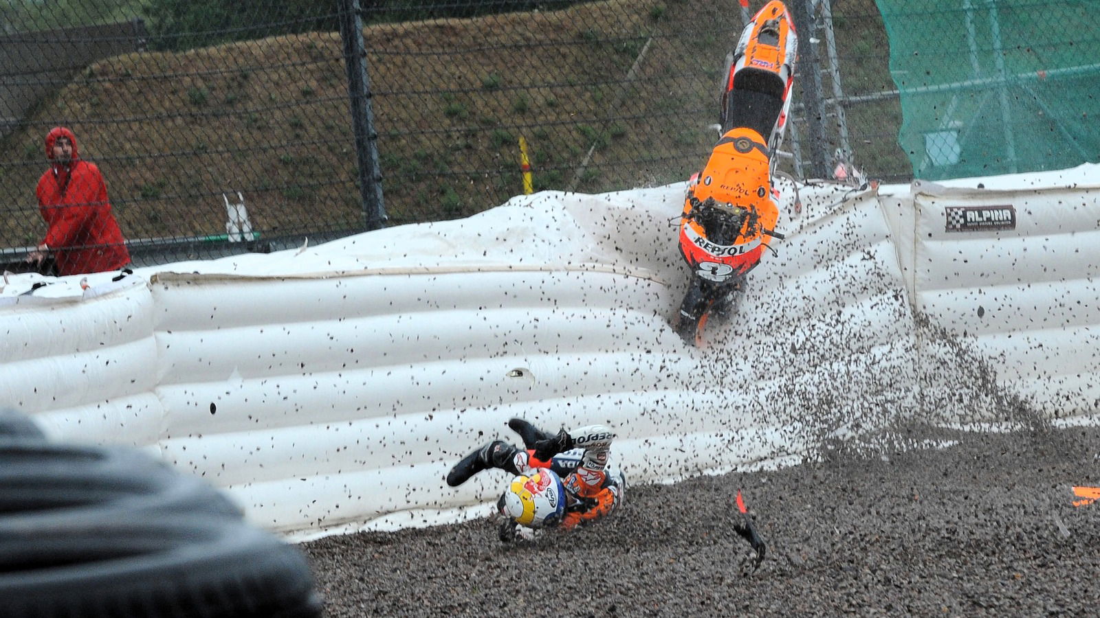 Dani Pedrosa crashes from the lead of a wet 2008 German MotoGP.