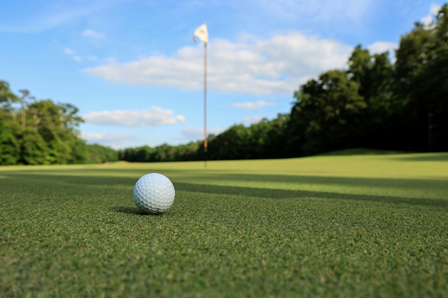 A golf ball on a putting green.