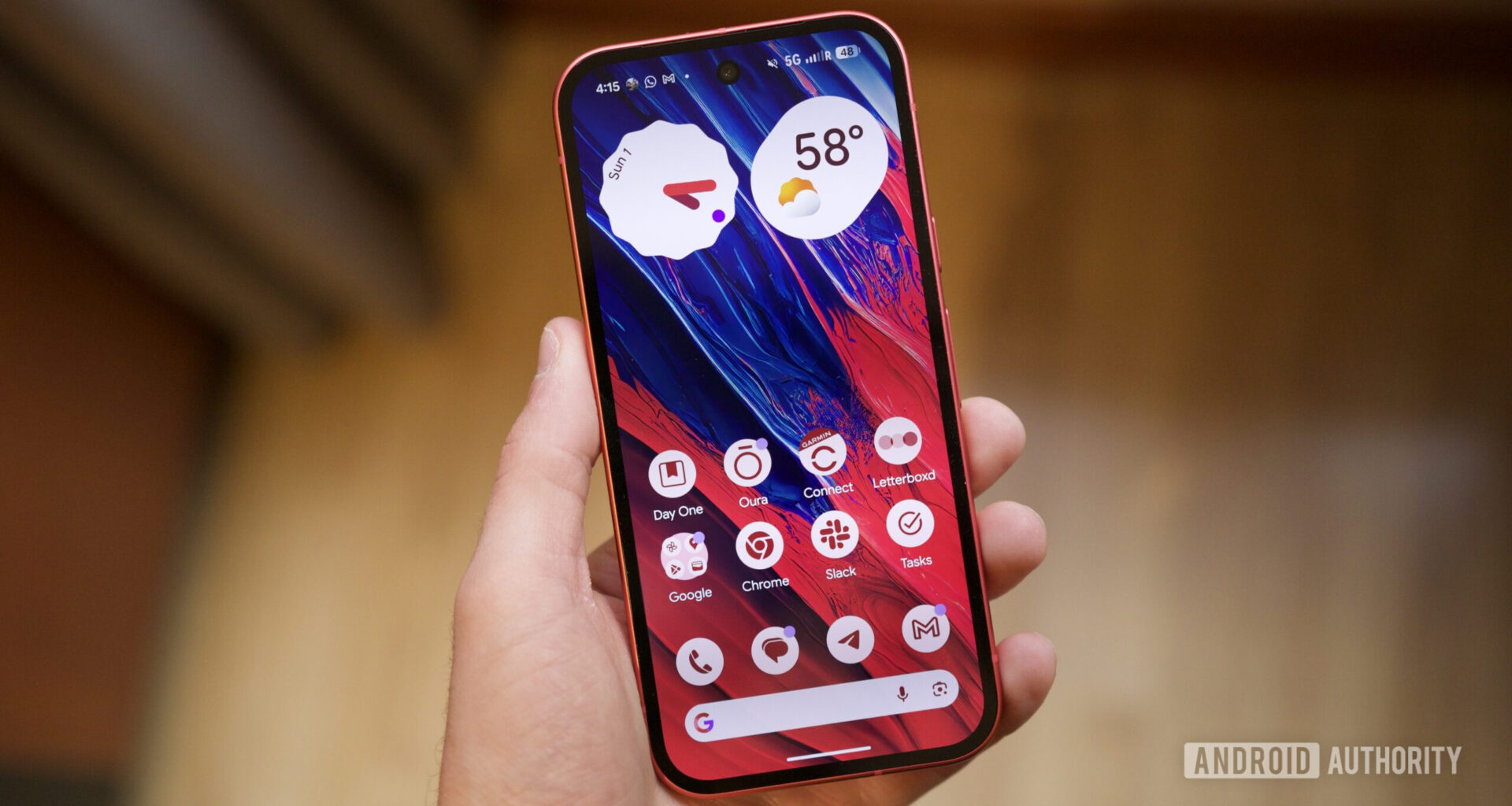 The Google Pixel 10a with its screen on.