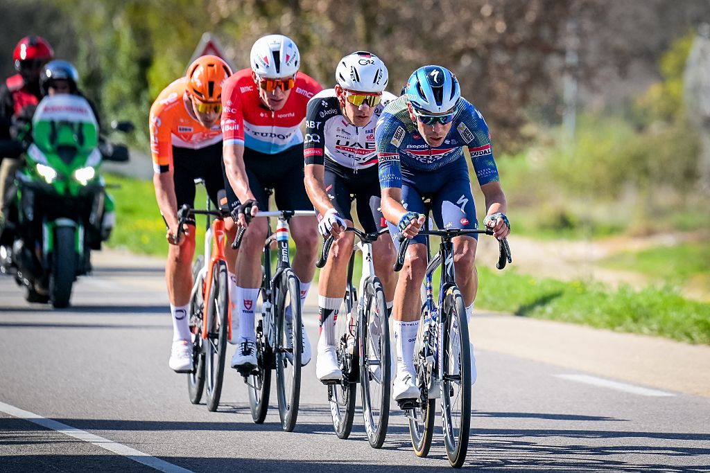 British Joshua Tarling of INEOS Grenadiers, Spanish Igor Arrieta of UAE Team Emirates XRG, Belgian Steff Cras of Soudal Quick-Step and Luxembourgish Arthur Kluckers of Tudor Pro Cycling Team pictured in action during the sixth stage of 84th edition of the Paris-Nice cycling race, a race from Barbentane to Apt (179,3 km), on Friday 13 March 2026. BELGA PHOTO DAVID PINTENS (Photo by DAVID PINTENS / BELGA MAG / Belga via AFP)