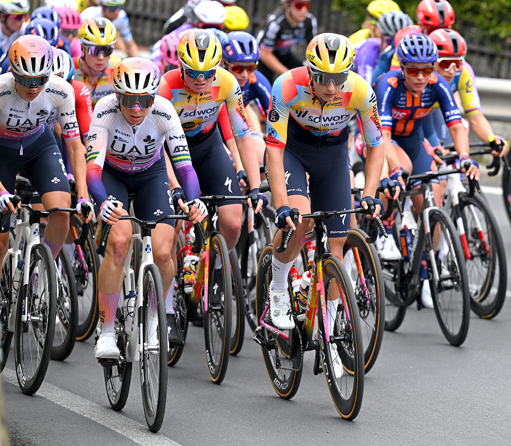 SANREMO, ITALY - MARCH 21: (L-R) Brodie Chapman of Australia and UAE Team ADQ and Femke Gerritse of Netherlands and Team SD Worx - Protime compete during the 8th Milano-Sanremo Donne 2026, Women's Elite a 156km one day race from Genova to Sanremo / #UCIWWT / on March 21, 2026 in Sanremo, Italy. (Photo by Tim de Waele/Getty Images)