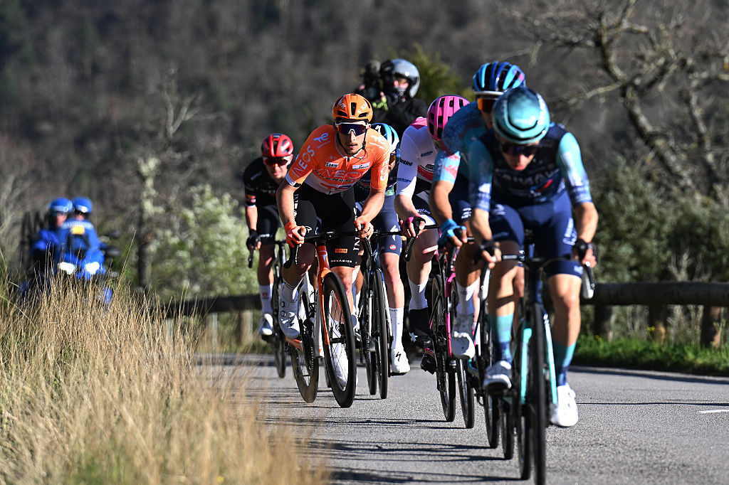 COLOMBIER-LE-VIEUX, FRANCE - MARCH 12: Kevin Vauquelin of France and Team INEOS Grenadiers competes in the chase group during the 84th Paris-Nice 2026, Stage 5 a 206.3km stage from Cormoranche-sur-Saone to Colombier-le-Vieux 422m / #UCIWT / on March 12, 2026 in Colombier-le-Vieux, France. (Photo by Szymon Gruchalski/Getty Images)