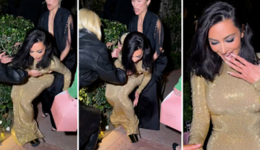 Kim Kardashian falls into hedge en route to Vanity Fair Oscars Party, thanks to towering gold heels