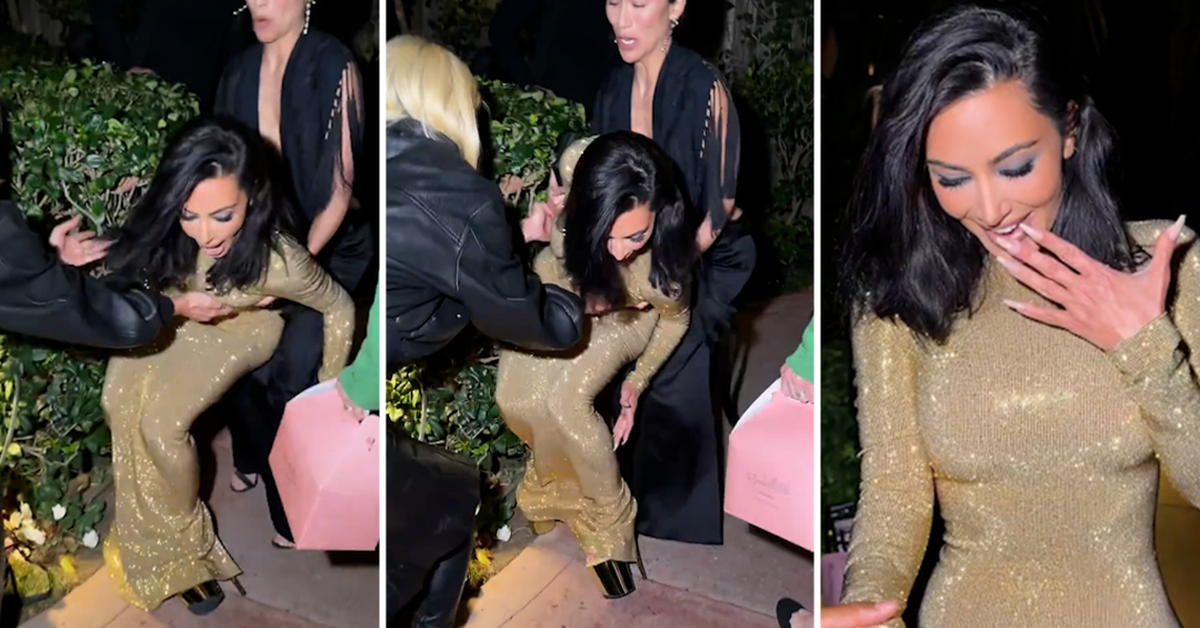 Kim Kardashian falls into hedge en route to Vanity Fair Oscars Party, thanks to towering gold heels