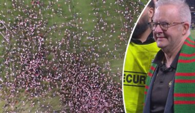 Albanese says risk of fine 'worth it' to join celebration as Alex Johnston makes NRL history