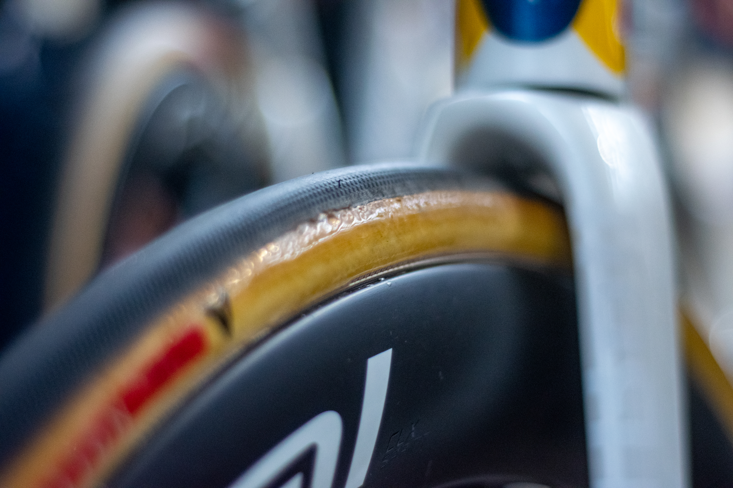 A Specialized Cotton TLR tyres with clear sealant applied to the sidewall