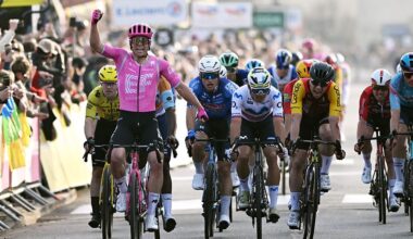 Luke Lamperti celebrates his victory on stage 1 of Paris-Nice 2026
