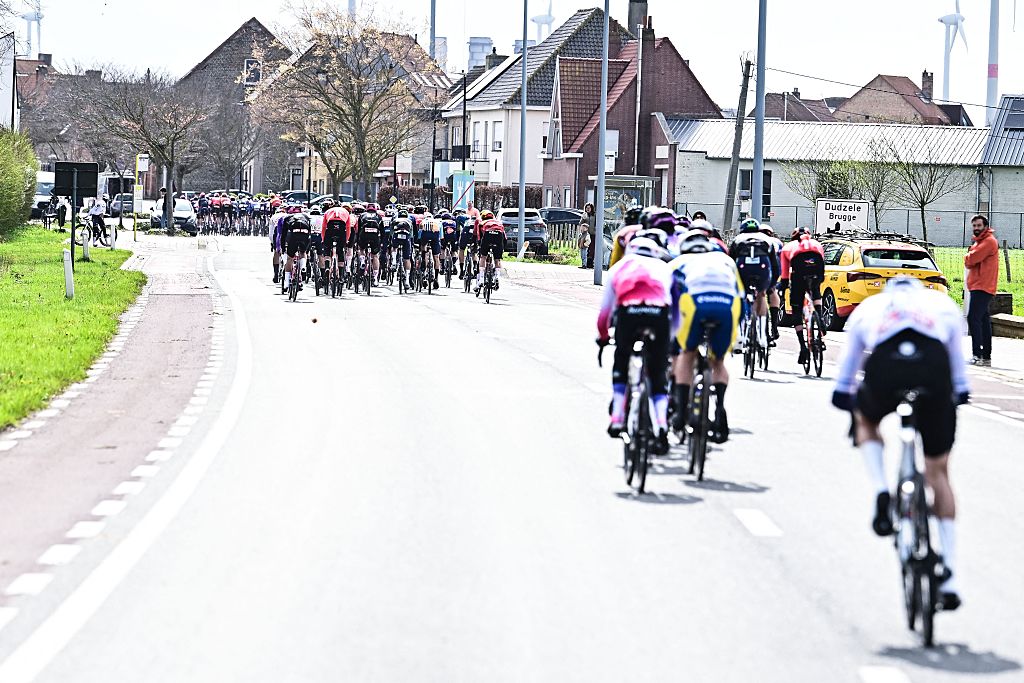 a group of riders pictured in action during the 'Ronde van Brugge' men's elite one-day cycling race, 202,9 km from and to Brugge on Wednesday 25 March 2026. BELGA PHOTO MAARTEN STRAETEMANS (Photo by MAARTEN STRAETEMANS / BELGA MAG / Belga via AFP)