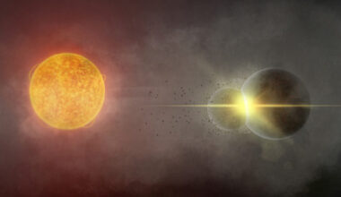 A planetary collision around star Gaia20ehk. Image credit: Andy Tzanidakis.
