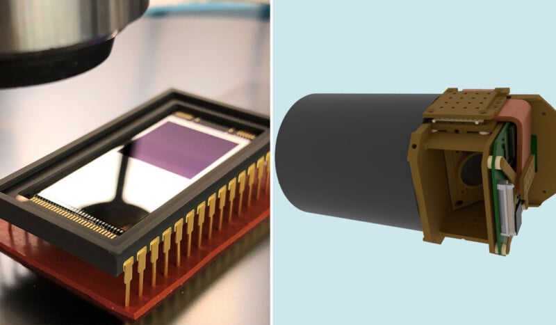 Side-by-side images: left shows a close-up of an electronic sensor chip with gold pins; right displays a 3D render of a cylindrical electronic device with internal components visible.