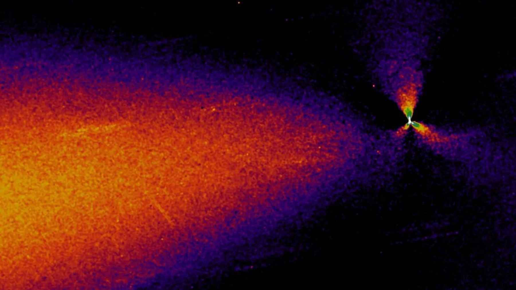 Interstellar comet 3I ATLAS traveling through space with a glowing coma and tail releasing gas and dust