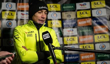 Jonas Vingegaard speaks to the press after a rainy stage 4 at Paris-Nice