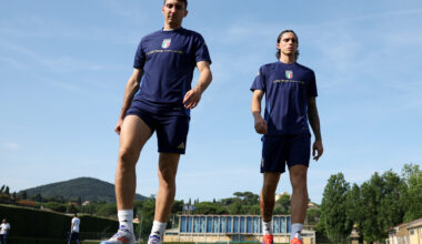 FLORENCE, ITALY - JUNE 07: Andrea Cambiaso and Riccardo Calafiori of Italy in action during an Italy training session at Centro Tecnico Federale di Coverciano on June 07, 2024 in Florence, Italy. (Photo by Claudio Villa/Getty Images)
