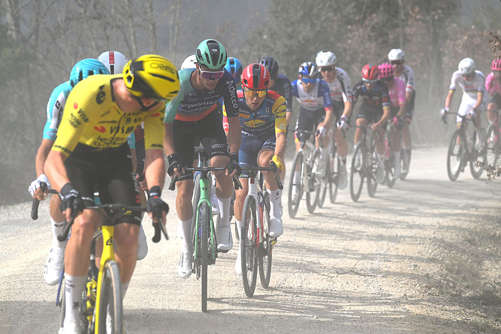 SIENA, ITALY - MARCH 07: Jordan Labrosse of France and Team Decathlon CMA CGM (C) competes during the 20th Strade Bianche 2026 a 203km one day race from Siena to Siena / #UCIWT / on March 07, 2026 in Siena, Italy. (Photo by Tim de Waele/Getty Images)