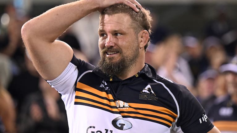 James Slipper of the Brumbies reacts after Corey Toole of the Brumbies scores a try during the Super Rugby Pacific Round 6 match between the ACT Brumbies and the Waikato Chiefs at GIO Stadium in Canberra.