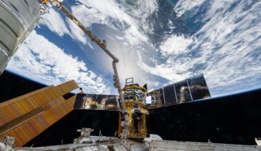 The Japanese HTV-X1 cargo spacecraft is pictured attached to the Earth-facing port on the International Space Station’s Harmony module with the Canadarm2 robotic arm in the foreground. NASA