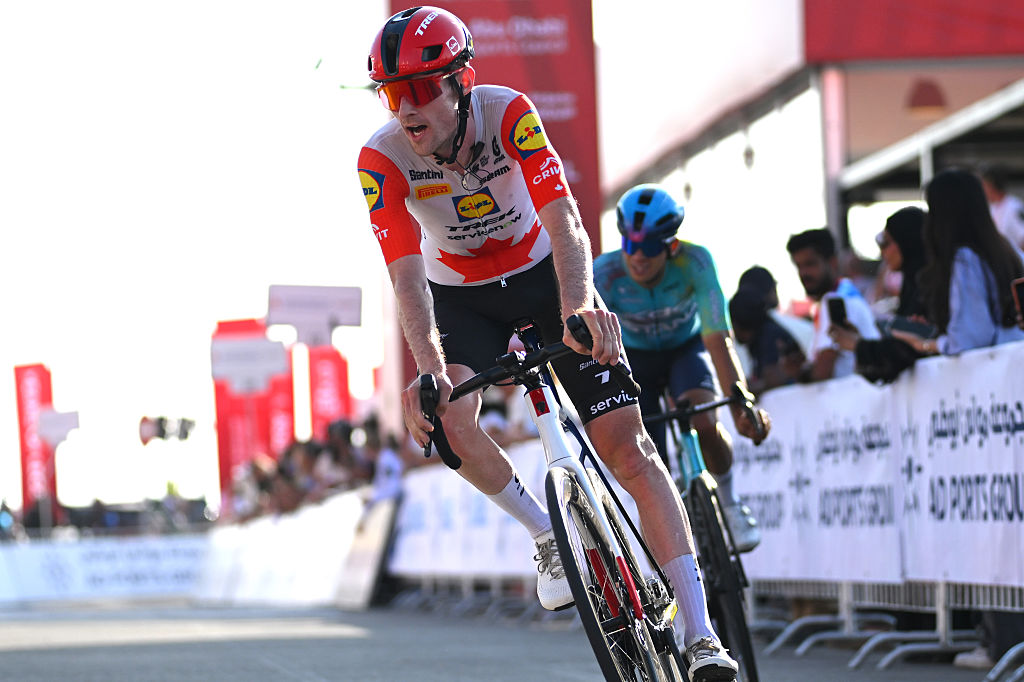 JEBEL HAFEET, UNITED ARAB EMIRATES - FEBRUARY 21: Derek Gee-West of Canada and Team Lidl - Trek crosses the finish line during the 8th UAE Tour 2026, Stage 6 a 168km stage from Al Ain Museum to Jebel Hafeet 1036m / #UCIWT / on February 21, 2026 in Jebel Hafeet, United Arab Emirates. (Photo by Tim de Waele/Getty Images)