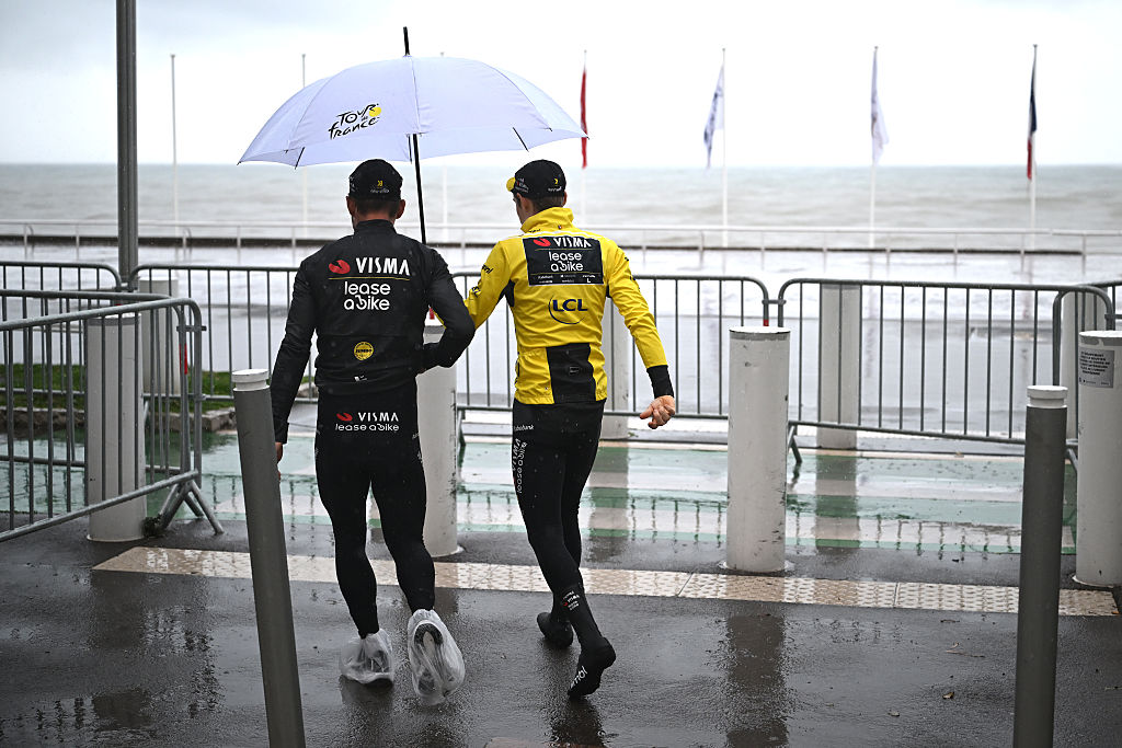 NICE, FRANCE - MARCH 14: Jonas Vingegaard of Denmark and Team Visma | Lease a Bike - Yellow Leader Jersey (R) prior to the 84th Paris-Nice 2026, Stage 7 a 47km stage from Nice to Isola 855m / The finish was moved from Auron to Isola, due to adverse weather conditions / #UCIWT / on March 14, 2026 in Nice, France. (Photo by Szymon Gruchalski/Getty Images)
