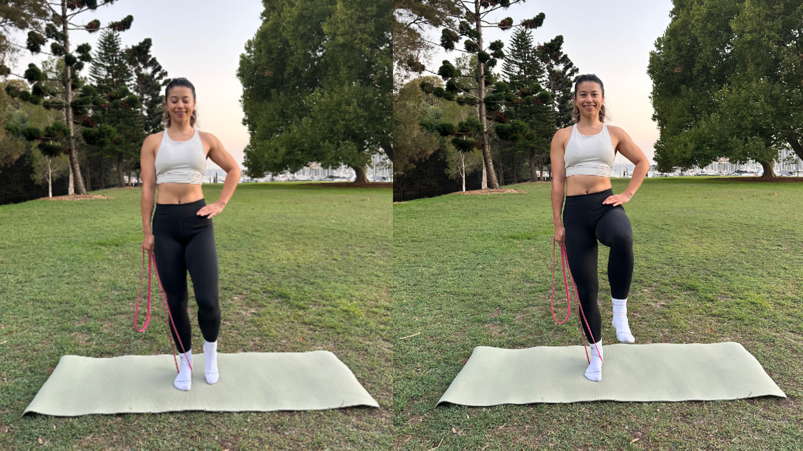 Woman doing resistance band exercise in park