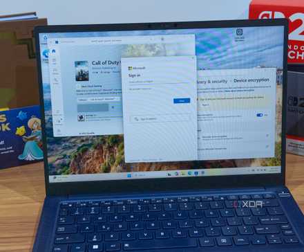 A laptop running showing the Windows 11 Settings app and Microsoft Store without a Microsoft account