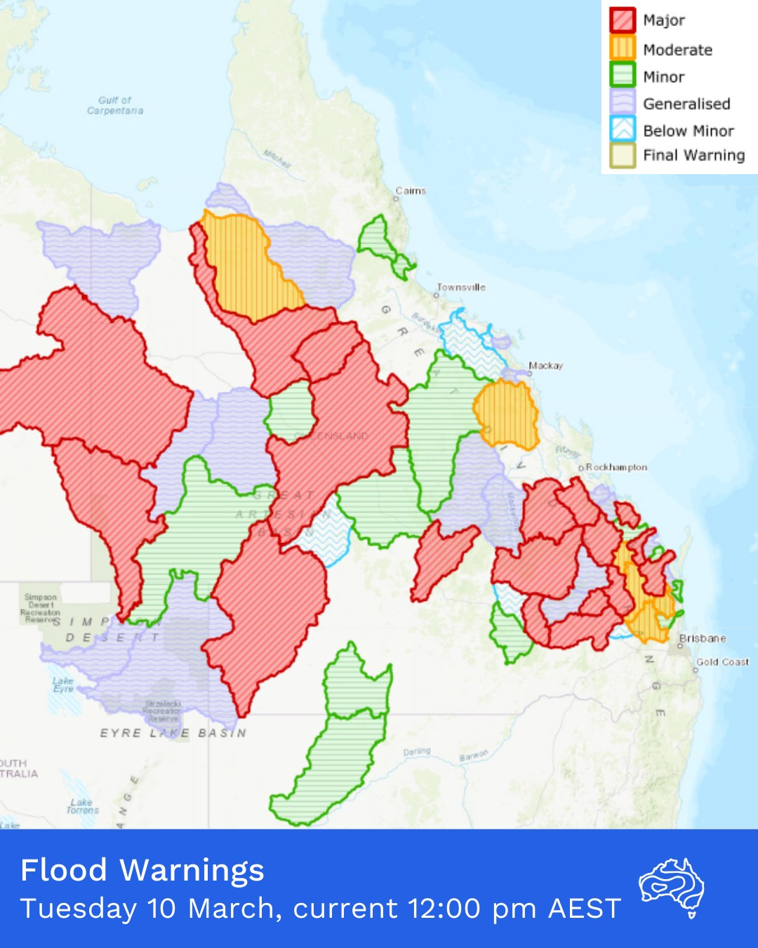 A map of Queensland highlighting flood risk areas. 