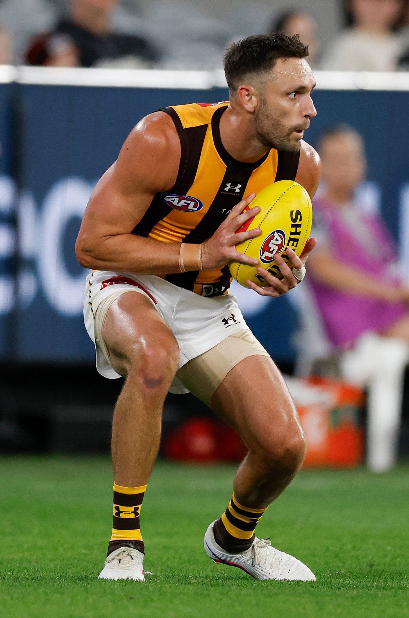Jack Gunston of the Hawks in action during the 2026 AFL Round 01 match between the Essendon Bombers and the Hawthorn Hawks at the Melbourne Cricket Ground on March 13, 2026 in Melbourne, Australia.