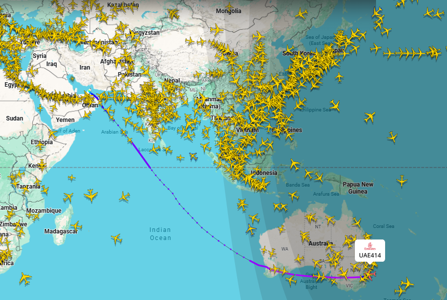 A map showing the path of a flight.