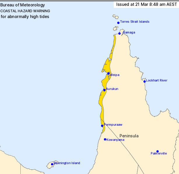 A map shows the coastal hazard warning along the Gulf of Carpentaria