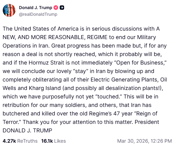 A screenshot of Donald Trump's post to Truth Social threatening to attack power stations, oil wells and Kharg Island.