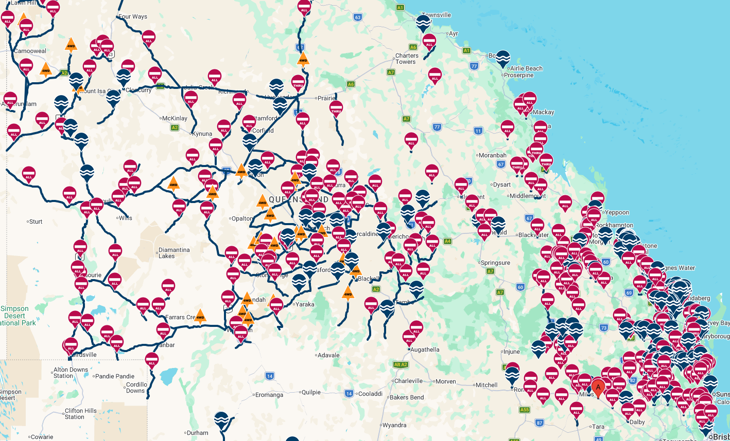 A snapshot of a map of Queensland with hundreds of road closure warnings