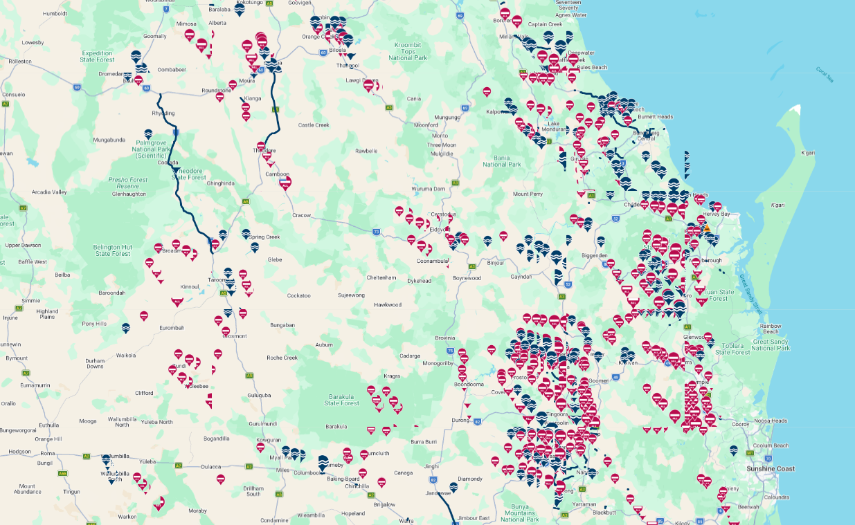 map showing closed roads
