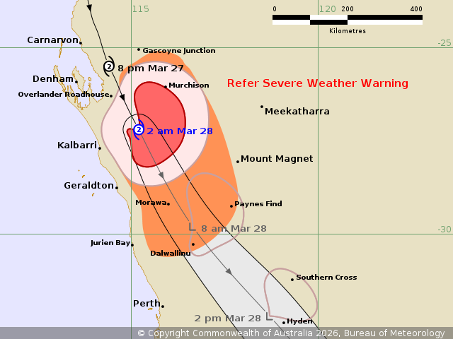 A map showing the path of TC Narelle across north-west WA. It shows the system was east of Kalbarri at 2am. 