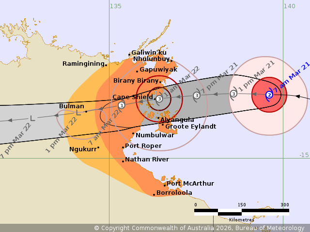 Map showing TC Narelle crossing the coast to the Northern Territory.