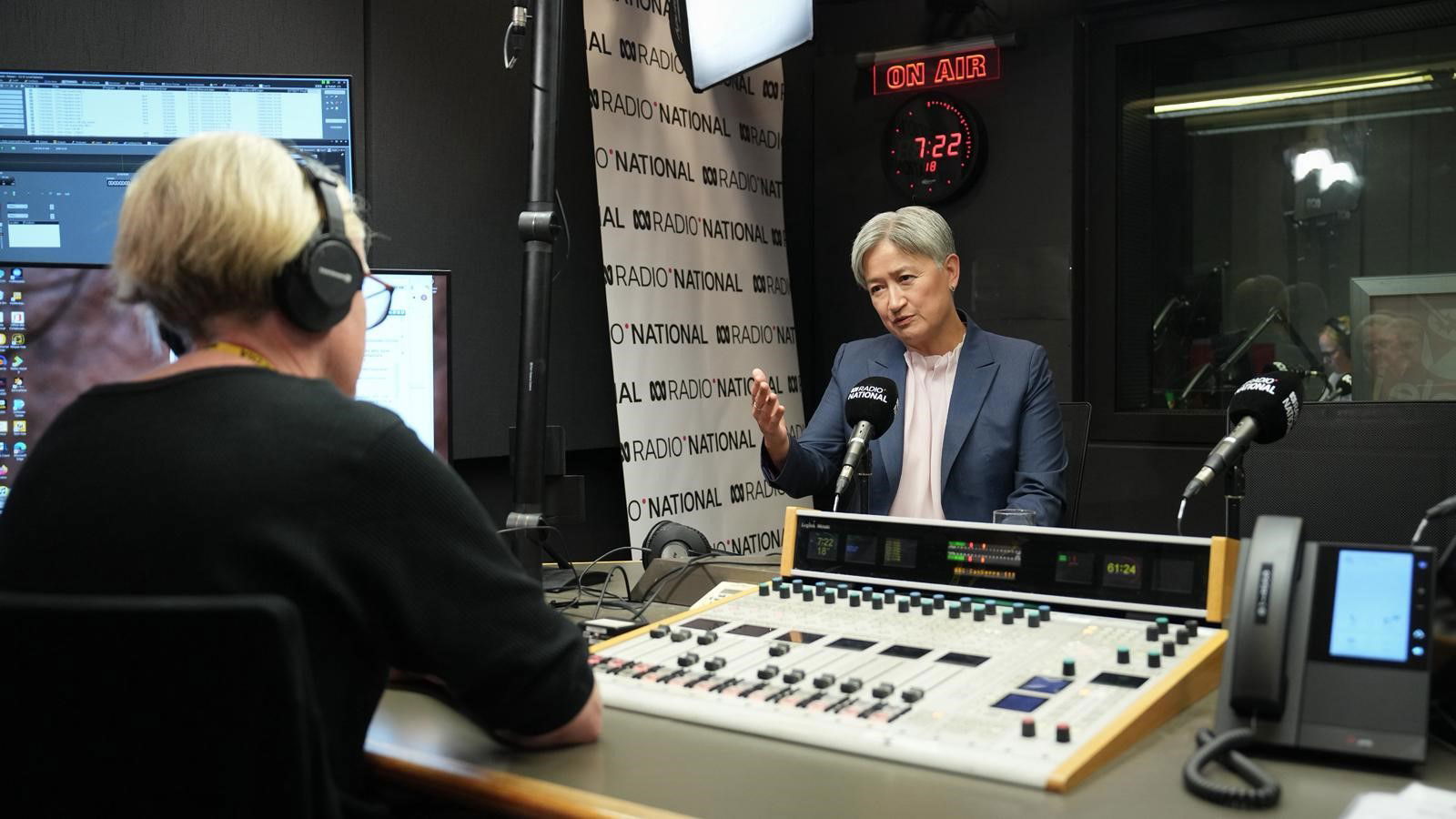 Penny Wong is interviewed in the ABC Radio National Breakfast studio with host Sally Sara.