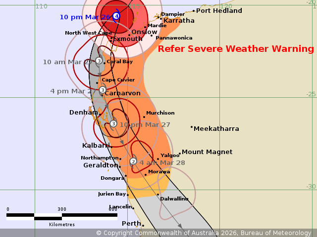 A cyclone track map of Tropical Cyclone Narelle showing it moving south down the West Australian coast.