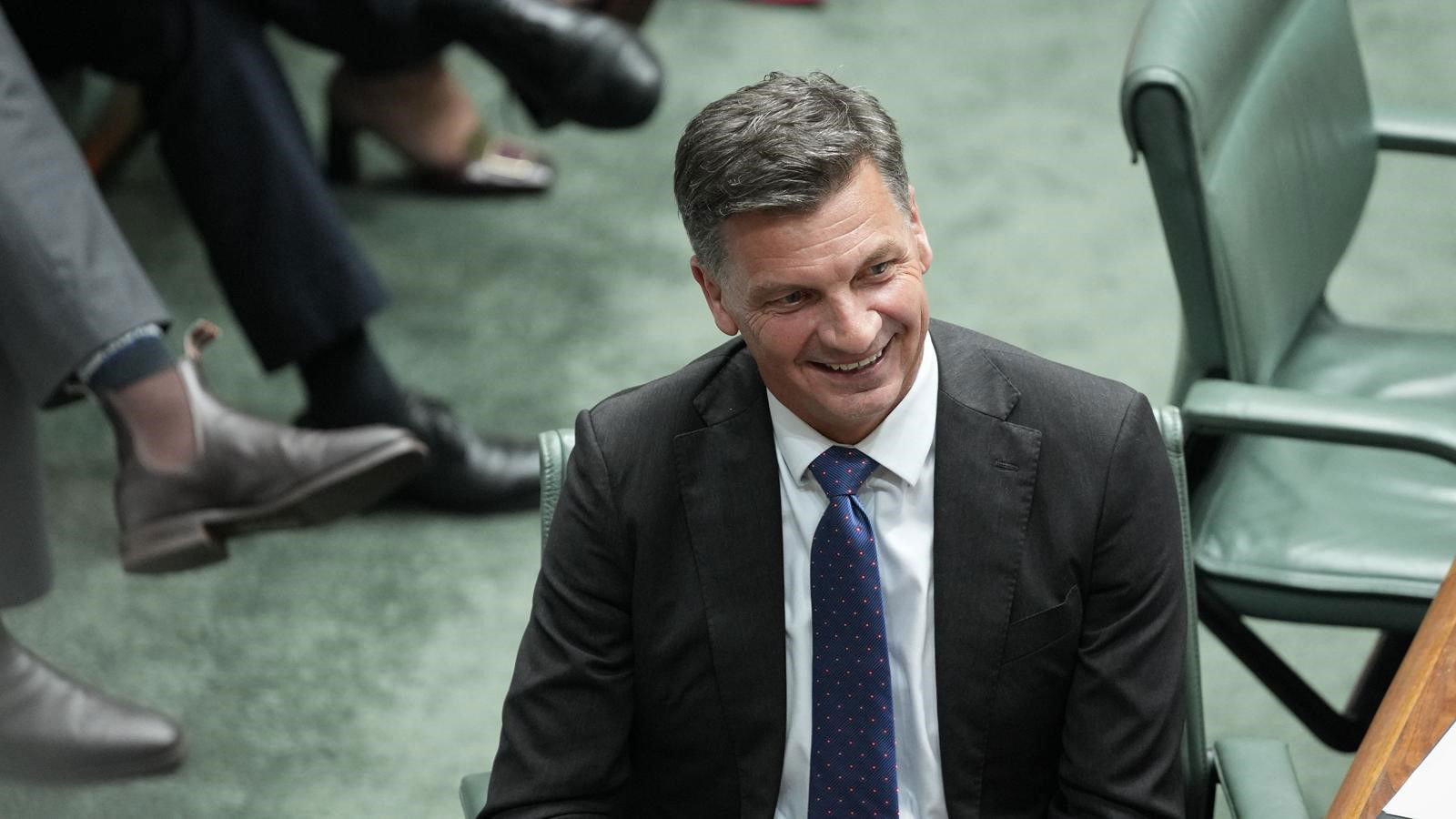 Angus Taylor laughs while seated.