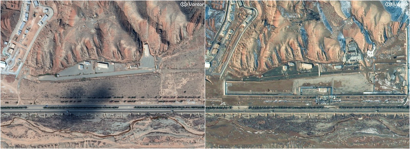 Two satellite images show black-scarred ground near buildings on the left, and rebuilt facilities on the right.