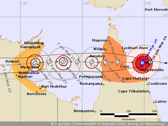 A cyclone track map showing TC Narelle approaching the Far North Queensland coast from the east