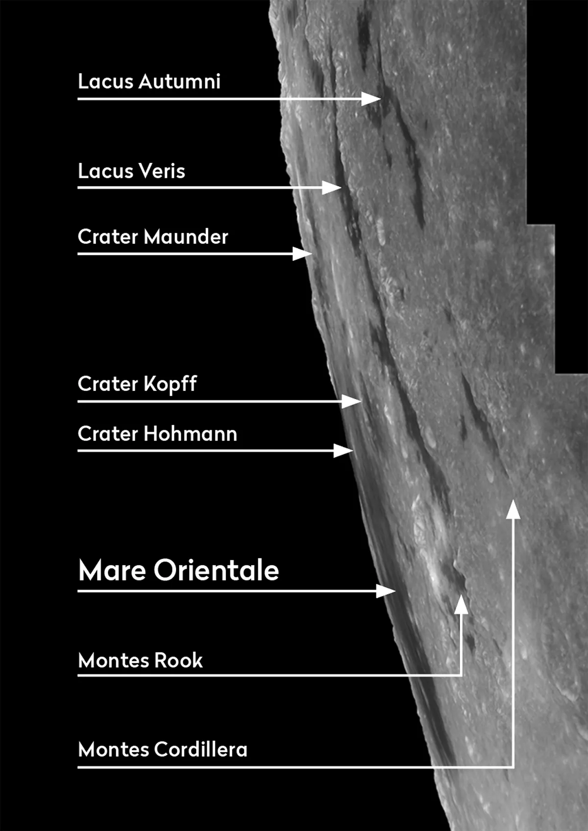 Labelled diagram showing the visible regions of th Moon's Mare Orientale region. Credit: Pete Lawrence