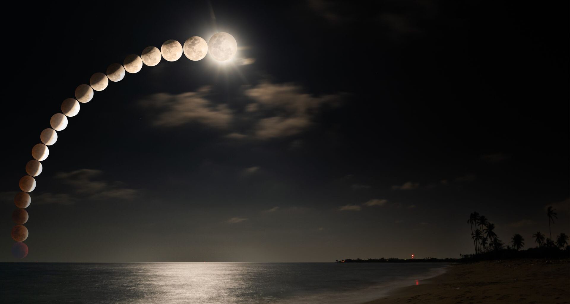 A composite image showing a string of full moons captured during a total lunar eclipse. The lunar disk closest to the horizon is fully eclipsed and red, with each subsequent moon Earth's shadow can be seen slipping from the lunar disk above an ocean bordering a beach.