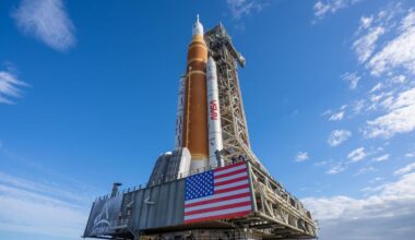 A side view shows NASA’s Artemis II SLS (Space Launch System) rocket and Orion spacecraft on mobile launcher 1 at Launch Complex 39-B at NASA’s Kennedy Space Center in Florida, US, Jan. 17, 2026. (Photo via Brandon Hancock/NASA/TNS)