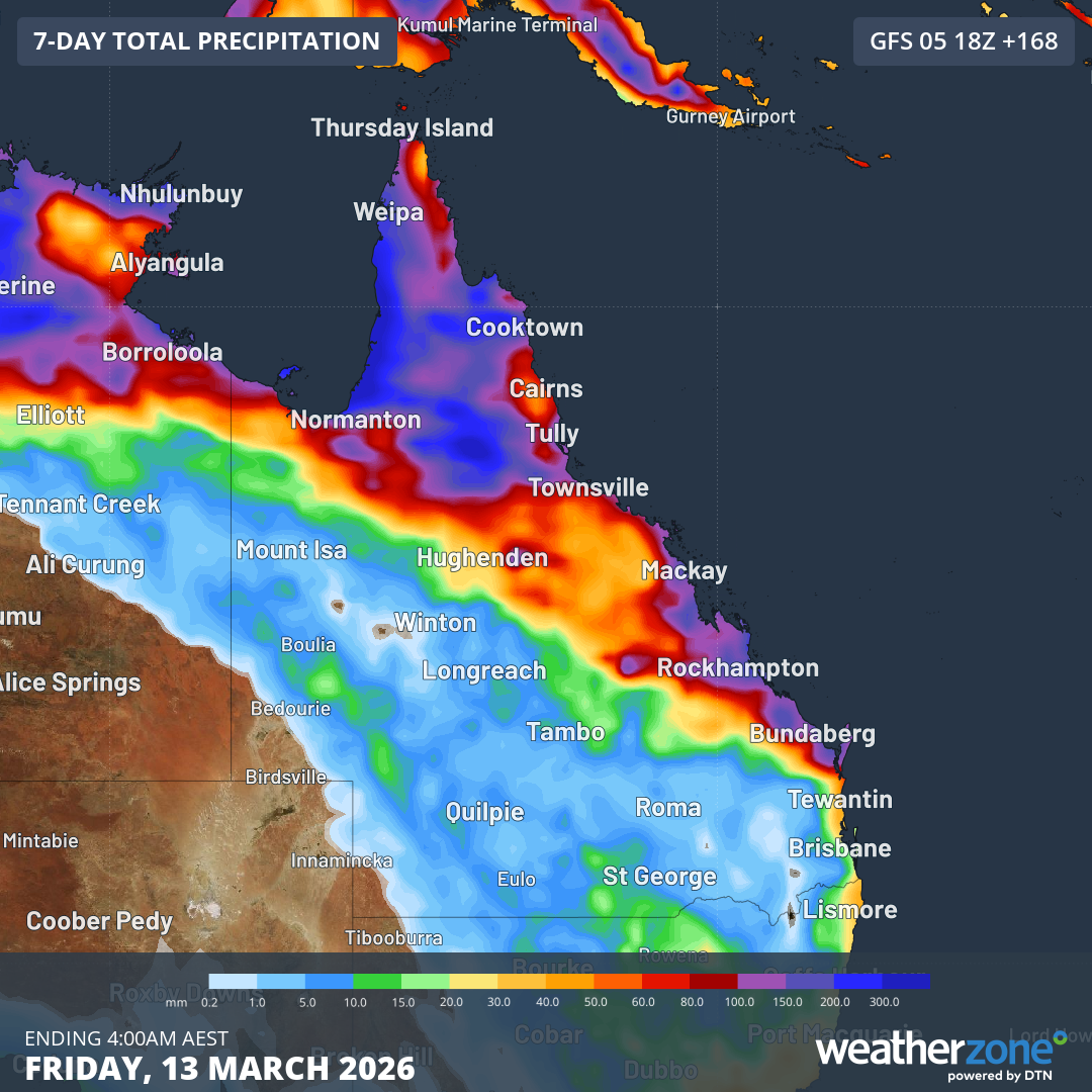 Forecast accumulated rain during the seven days ending at 4am AEST on Friday, March 13, 2026, according to the GFS model. Source: Weatherzone.