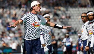 Founders FFC's Tom Brady reacts to a call made by the referee against the U.S. National Flag team during the Fanatics Flag Football Classic, Saturday, March 21, 2026, in Los Angeles. (AP Photo/Caroline Brehman)