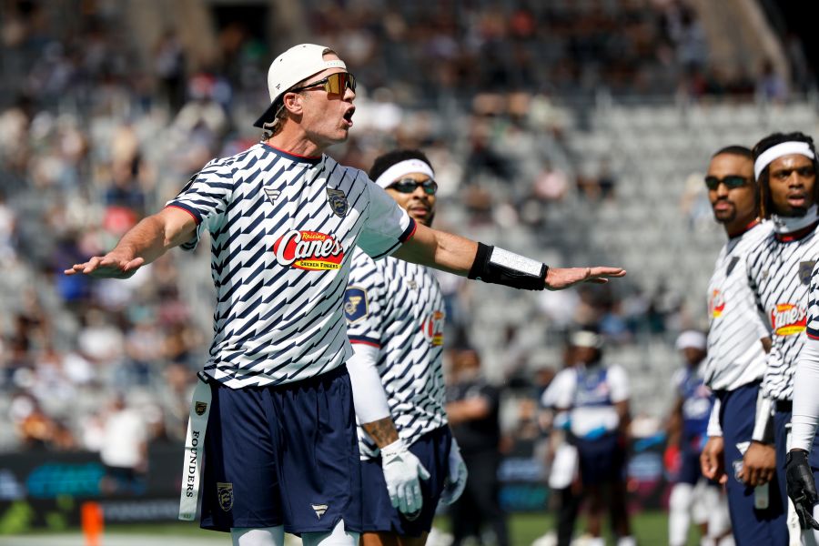 Founders FFC's Tom Brady reacts to a call made by the referee against the U.S. National Flag team during the Fanatics Flag Football Classic, Saturday, March 21, 2026, in Los Angeles. (AP Photo/Caroline Brehman)