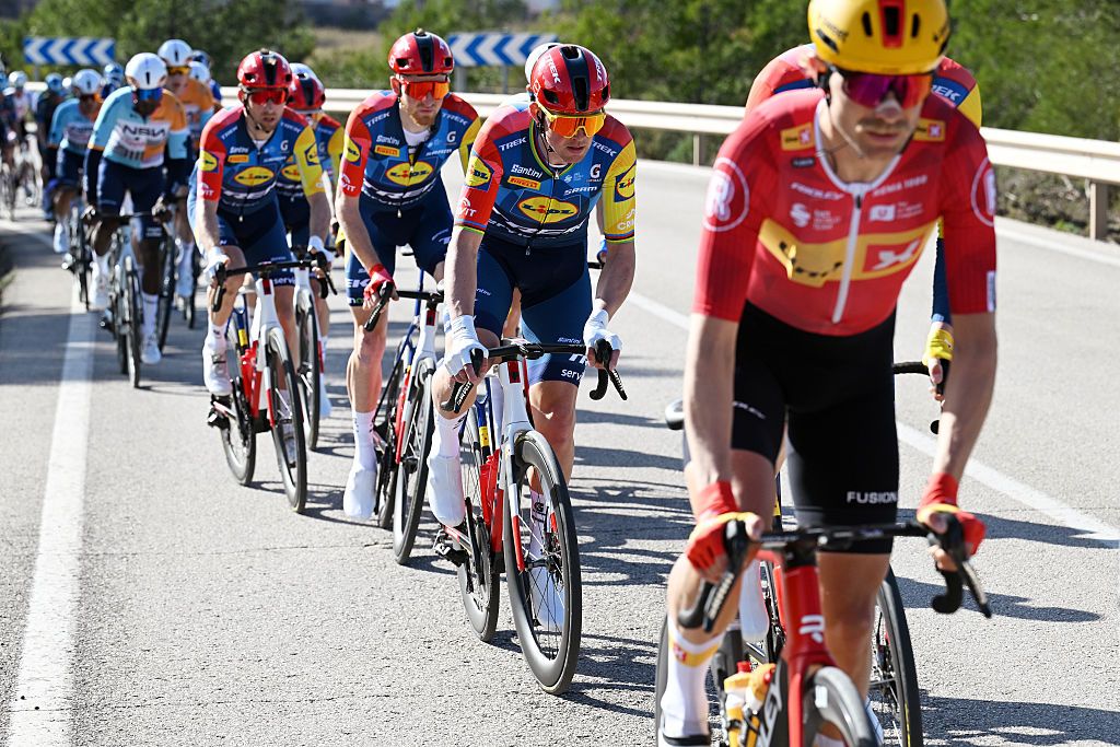Mads Pedersen in a line of riders during the Volta a Valenciana