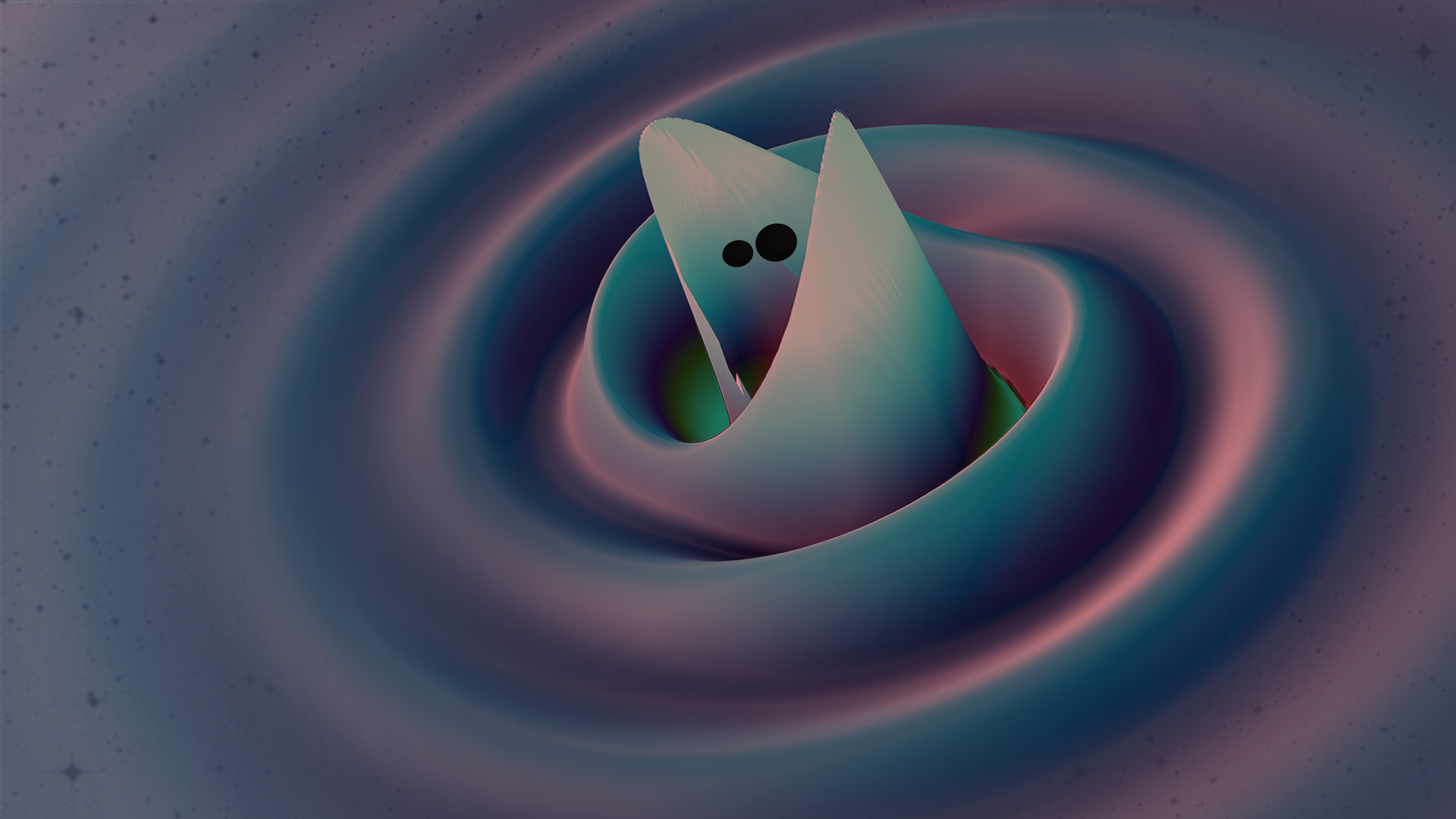 gravitational waves are shown in this visualization. It looks like pond ripples around two black dots representing black holes.